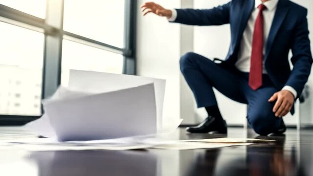 Businessman in a suit kneeling on office floor, scattering documents in a modern workspace