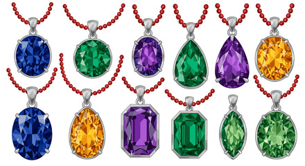 A collection of colorful gemstone pendants hanging from delicate red beaded necklaces in various shapes