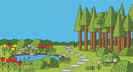 A vibrant illustration of a serene garden scene with a pond, flowers, and trees under a clear blue sky.