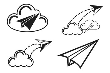 Paper Airplanes Flying Through Clouds Icon Set.