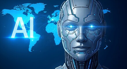 A female AI robot's face, glowing eyes, and the AI acronym displayed over a world map, symbolizing global artificial intelligence.