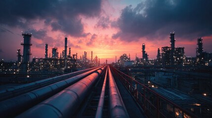 Industrial Oil Refinery at Sunset