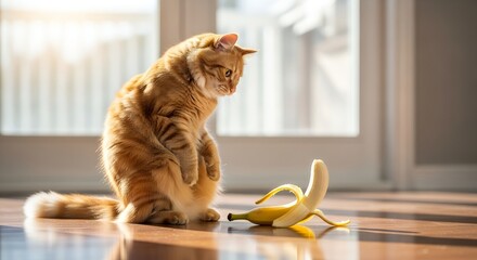 Curious Ginger Cat Gazing Intently at a Peeled Banana on Wooden Floor