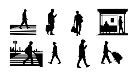 Silhouettes of Diverse Pedestrians in Various Urban Settings