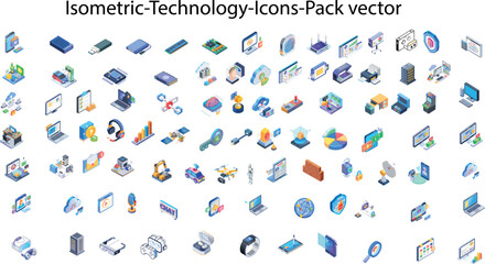  vector set of isometric icons representing technology, networking, computers, cybersecurity, and data concept