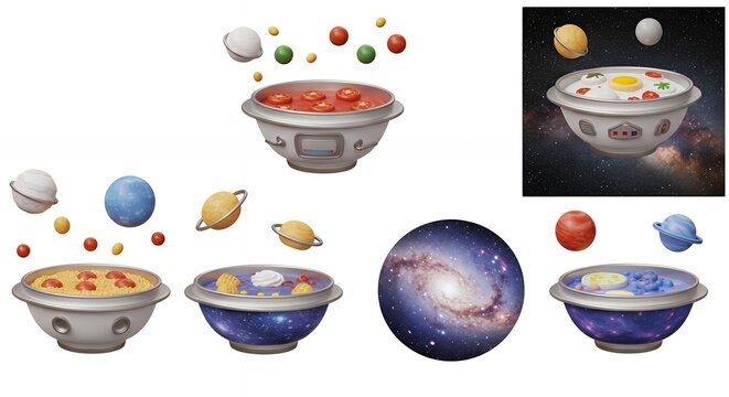 Colorful bowls filled with planets and soup artistic space food design