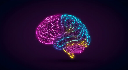 Glowing Brain Illustration in Vibrant Neon Colors on Dark Background