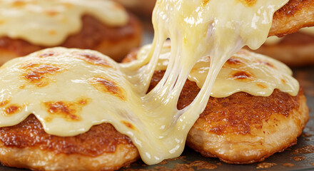 Close up of cheesy meat patties with melted cheese being pulled away from one of the patties