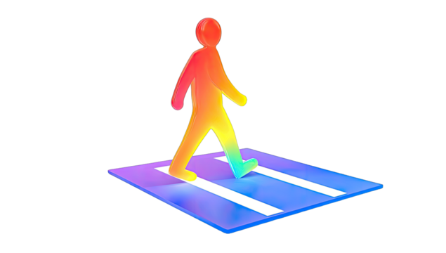 Colorful person walking across a striped path