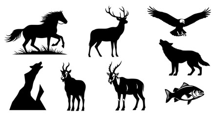 Fototapeta premium Wildlife Animal Silhouettes: Horse, Deer, Eagle, Wolf, Mountain Goat and Fish