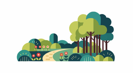 Fototapeta premium Stylized illustration of a vibrant green park with a winding path, lush trees, and colorful flowers under a clear sky.
