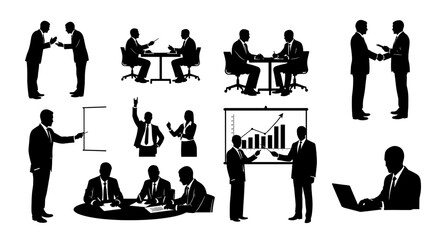 Dynamic business silhouettes depicting meetings, negotiations, presentations, and collaborative work
