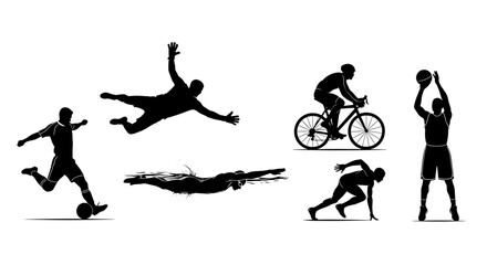 Dynamic silhouettes illustrating diverse sport disciplines and athletic prowess in black
