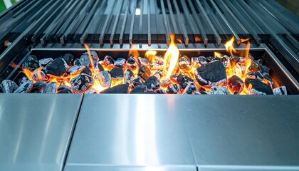 Glowing Charcoal Embers Burning in a Modern Stainless Steel Grill