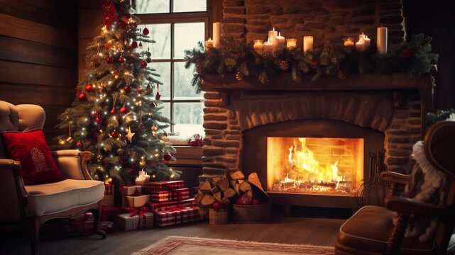 Christmas cozy interior with tree and fireplace