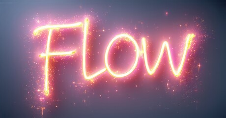 Bright pink neon text spells Flow against dark purple backdrop. Sparkling particles surround lettering, creating dynamic visual effect.