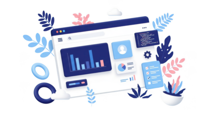 Digital analytics dashboard with charts and graphs, representing business growth and data analysis, isolated on transparent background