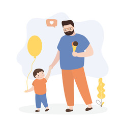 Father's day. Father holding his child's hand, walking together. Dad and son, happy male characters. Spending time together, weekend.