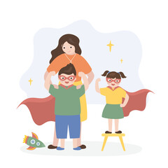 Cute boy and girl dressed in super hero costumes. Happy family, mother with son and daughter. Kids games, entertainment, development of imagination
