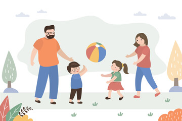 Fototapeta premium Happy caucasian parents and children play with ball. Cheerful people play activity games. Family with ball in park. Kids games, entertainment,