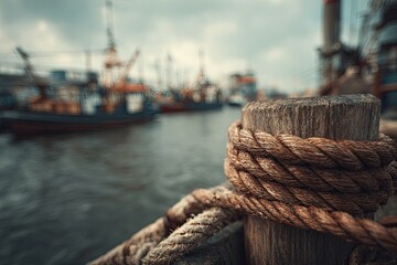 Fototapeta premium Wooden mooring post with rope in harbor