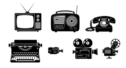 Obraz premium Black and White Retro Communication and Media Devices Set