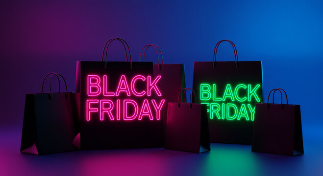 Black friday shopping bags with neon text in pink and green on a blue and purple gradient background