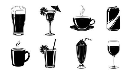 Assorted Beverages Icons: Beer, Cocktail, Coffee, Soda, Juice, Milkshake, Wine