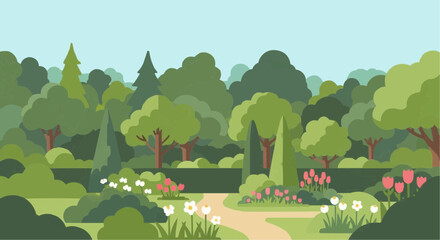 A picturesque garden scene with a winding path, blooming flowers, and lush green trees under a clear sky.
