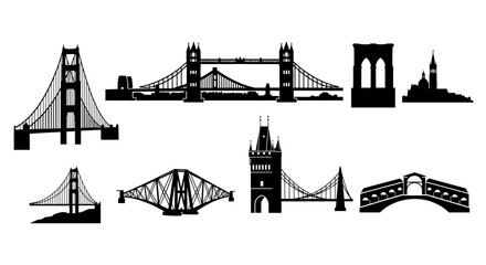 Iconic Global Landmarks and Bridges in Minimalist Silhouette Style Illustration