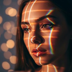 Close-up portrait of a young woman with light effects on her face.
