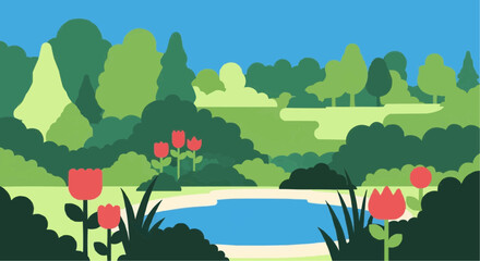 Fototapeta premium Serene landscape with a pond, lush greenery, and red tulips.