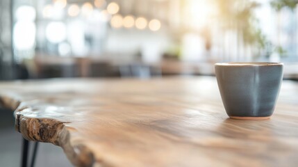Cozy coffee cup sits on a rustic wooden table in a modern cafe setting