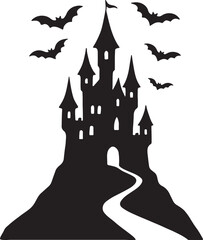 Spooky halloween castle silhouette with bats isolated on transparent background