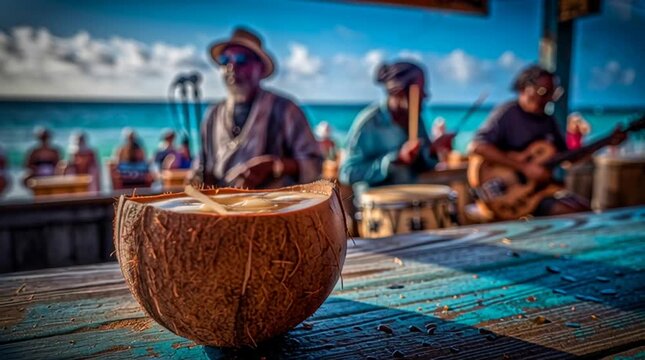 Tropical Island Band Plays Music Beside the Ocean with a Coconut Drink.