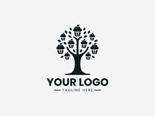 Obraz premium Whimsical tree with cupcake branches and frosting leaves in delightful bakery vector logo