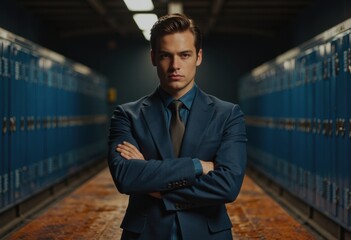 Roller rink locker desk attendant standing confidently near locker frame