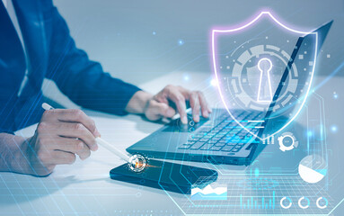 Cyber security and data protection. Businessman using laptop computer protecting business and financial data with virtual network connection.Cyber security access concept.