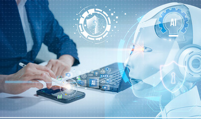 Businessman using AI technology on the screen of work to analyze data Chatbot chat with AI using AI smart robot technology.Cyber security access concept.
