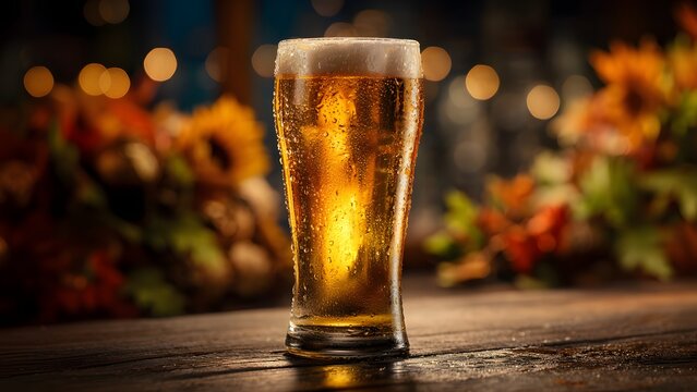 A glass of golden beer with a frothy head sits on a wooden table. Autumn decorations surround the glass, creating a festive atmosphere for Oktoberfest.
