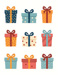 Nine colorful gift boxes with bows and ribbons on a white background.