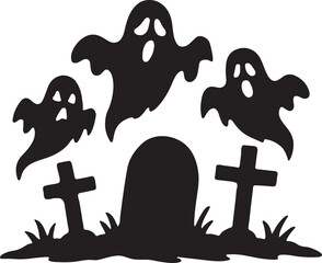 Spooky halloween ghosts and gravestones isolated on transparent background