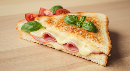 Close up of a grilled ham and cheese sandwich garnished with basil and tomato slices on a wooden surface