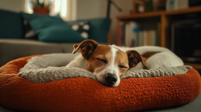 This footage showcases a dog sleeping in a cute bed. It evokes feelings of comfort and serenity. Great for projects needing calming and heartwarming visuals. Generative AI