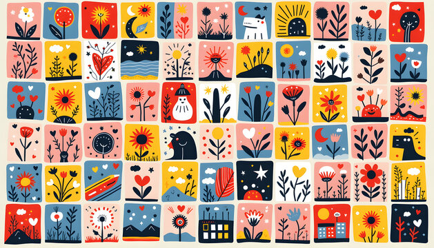 This delightful artwork presents a vibrant floral pattern featuring various charming elements.