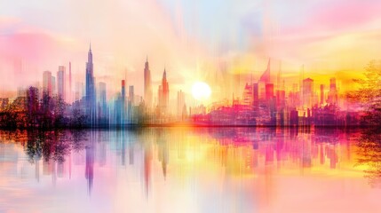 Fototapeta premium Abstract city skyline at sunset, with watery reflections and golden tones blending into a peaceful urban twilight