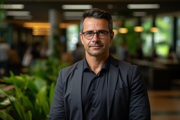 Fototapeta premium A man dressed in a black blazer stands confidently in a contemporary indoor environment, surrounded by vibrant plants and soft lighting during daytime