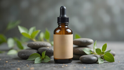 Amber Dropper Glass Bottle Mockup with Blank Label on Zen Stones – Essential Oils, Aromatherapy, and Skincare Packaging