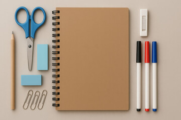 Neatly arranged collection of essential stationery items for school, office, or creative projects, showcasing organization and preparation on a neutral background