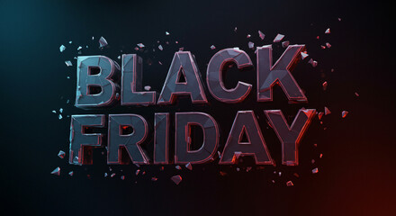 A black friday text with shards on a dark background with blue and red lighting effects